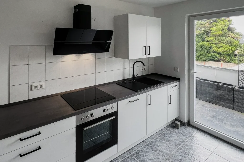 Moderne Küchenzeile mit schwarzer Arbeitsplatte, Kochfeld, Backofen, Dunstabzug und Fenster zur Terrasse