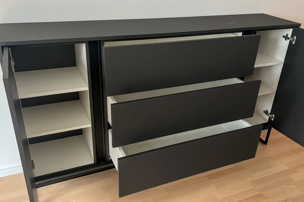 Dunkle Unterschrank-Küche mit geöffneten Schubladen und freiem Innenfach
