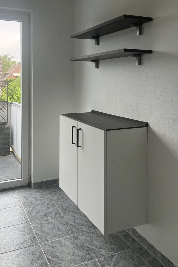 Küchenzeile mit Unterschrank und Wandregalen an der Wand, neben der Balkontür.