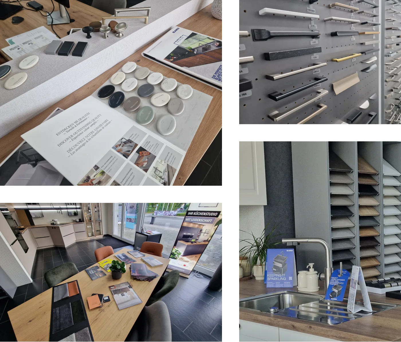 Küchen-Ausstellungsraum mit Materialmustern, Schubfachfronten, Montageleisten und Spüle mit Infobroschüre „KEEPING IT SPARKLING“